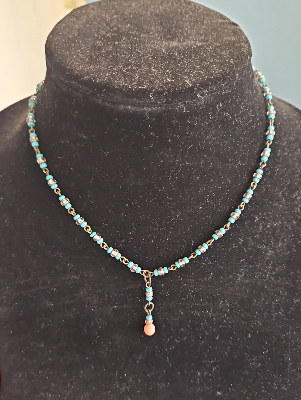 David Aubrey Turquoise Beaded Necklace with Coral Accent Drop